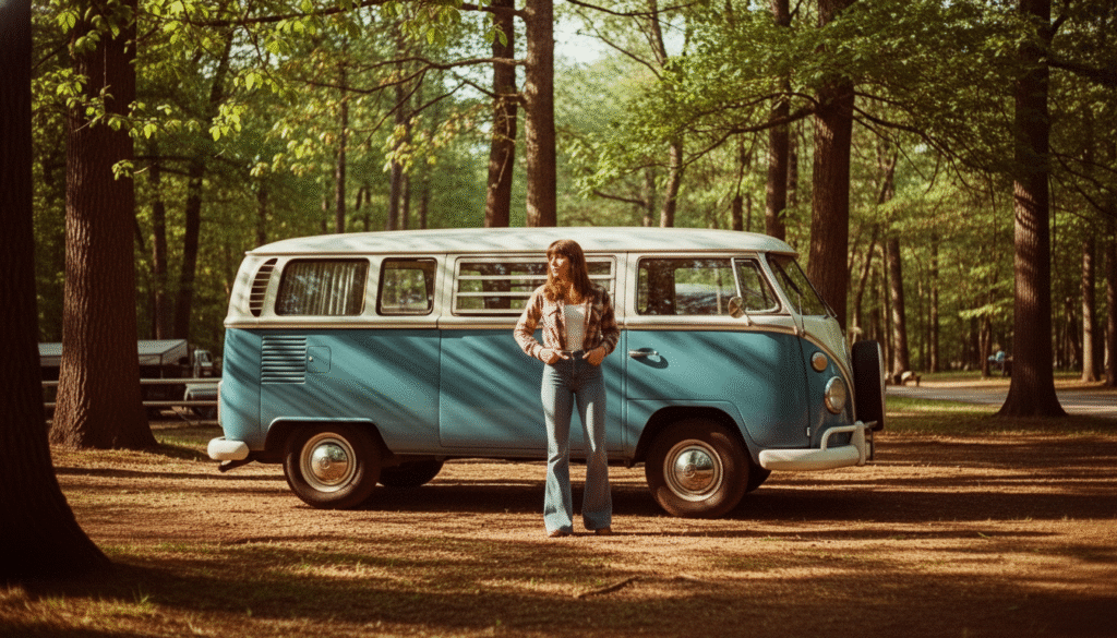A very picture of a van lifer lady standing in front of her Volkswagen bus in a park representing the retro van life era.