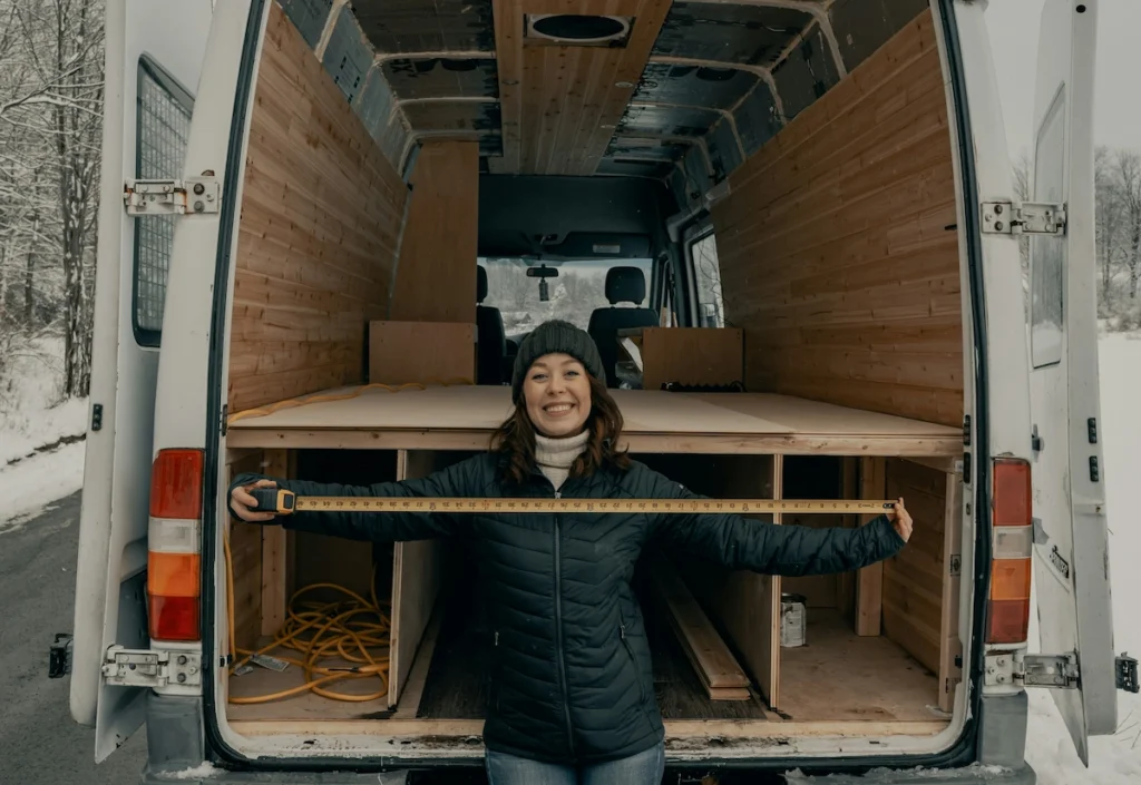 A photo of an woman working to build her own camper van.