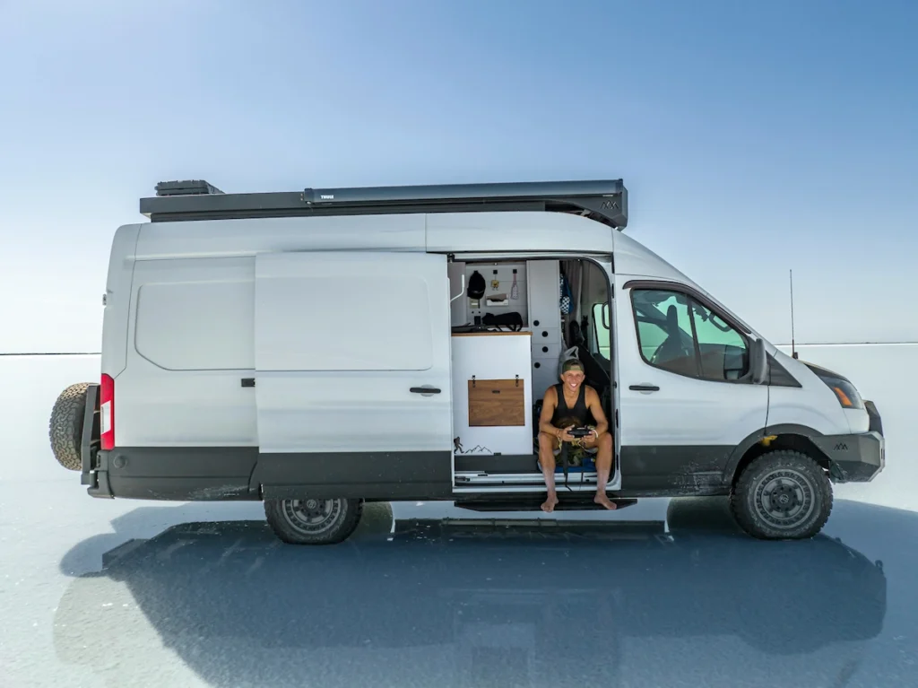 A picture of a low-roof cargo van converted for van life