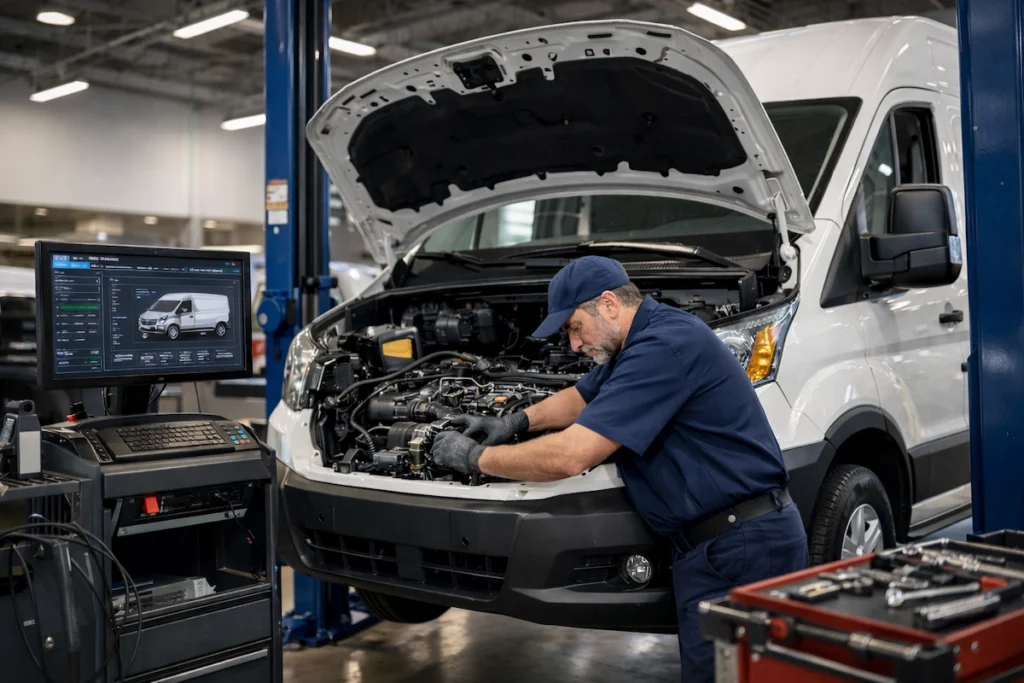 An picture of a professional mechanic fixing a van a official brand service center. 