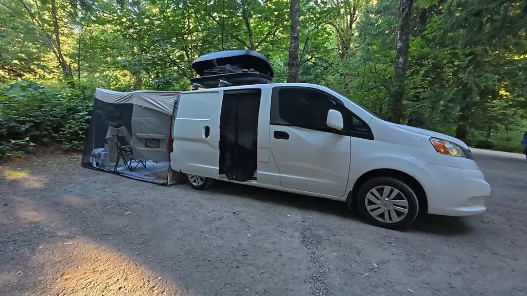 A Nissan NV200 converted to a camper van with full off grid van life set up.