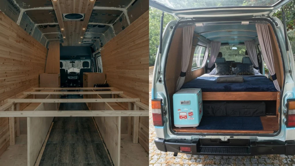 A picture with two vans placed side by side, on the right a new van with blank interior and on the left a used van with built interior for van life