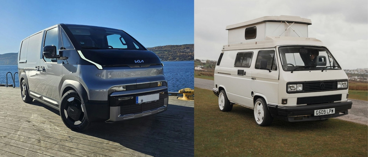 A picture of a new van and used camper van placed side by side.