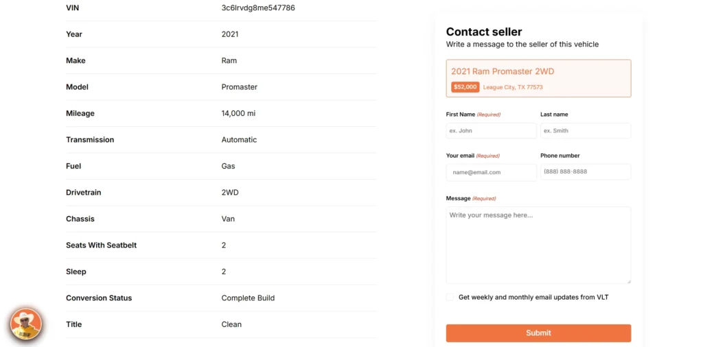 A screenshot of seller contact page from the Vanlife Trader.