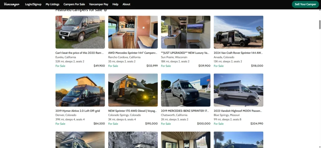 A screenshot of campervan listings for sale in Vancamper.