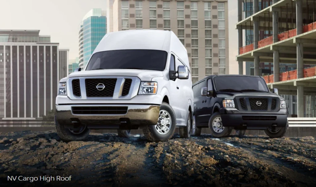 A photo of a Nissan NV high-roof cargo van.
